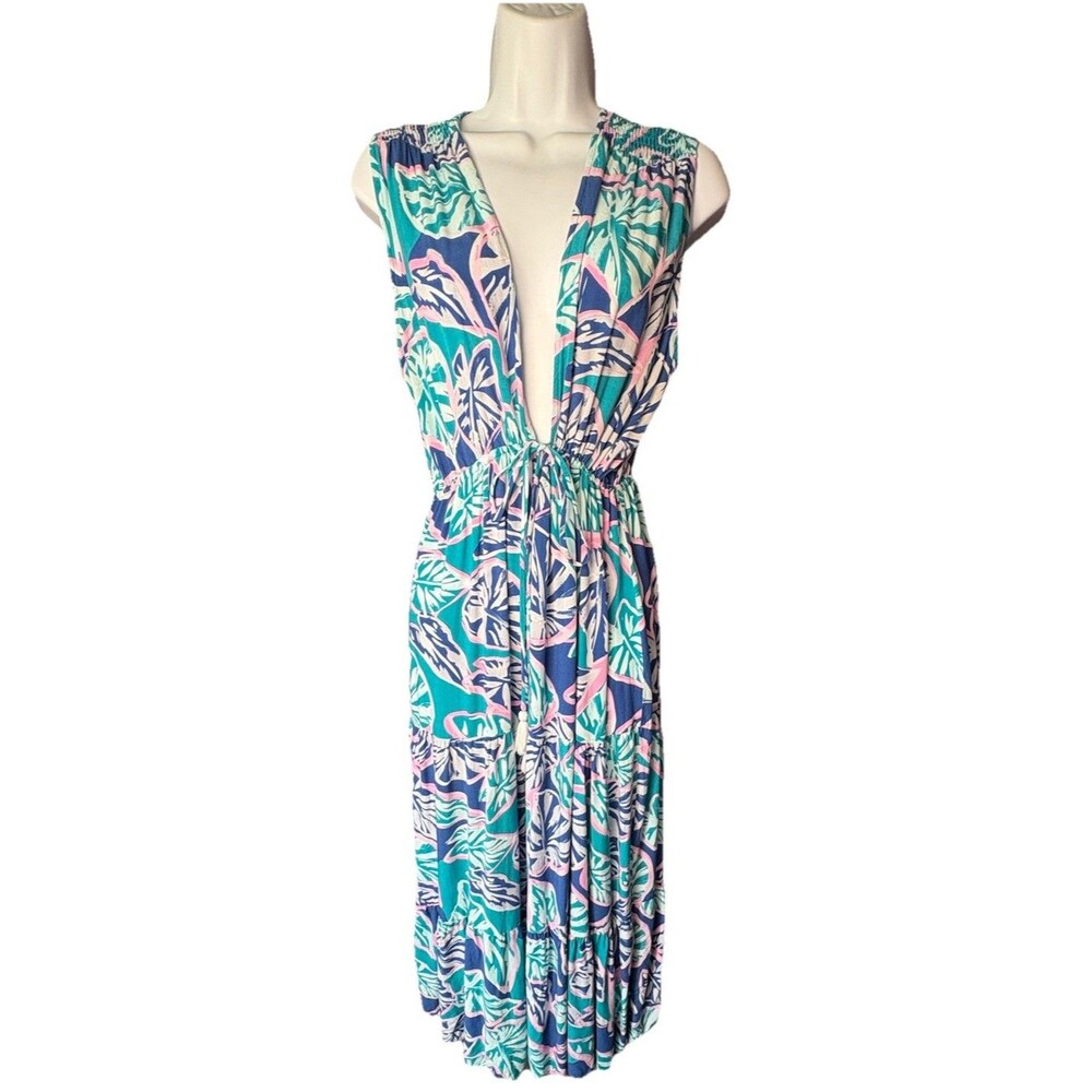 Blue Island Beach Tropical Palm Maxi Dress / Swim Cover-Up Size XL Teal Royal